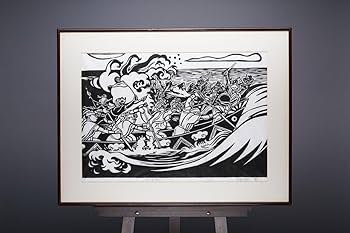 儀間比呂志 木版画 花笠　松　額装　沖縄　琉球　版画 Amazon.co.jp: 真作 儀間比呂志「爬竜船」大判木版画 画寸